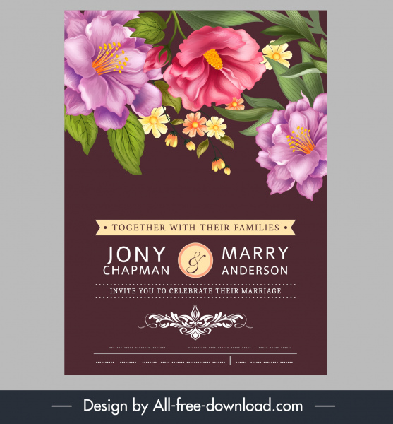 Template kartu pernikahan warna-warni elegan booming flora dekorasi