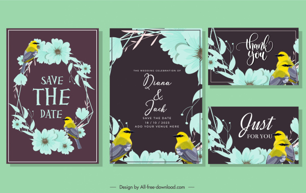 Свадебные карточки шаблон темный классический птиц венок декор