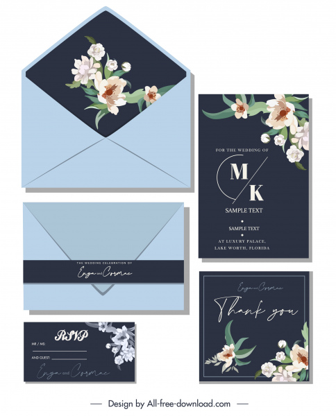 plantilla de tarjeta de boda oscura decoración de flora de diseño elegante