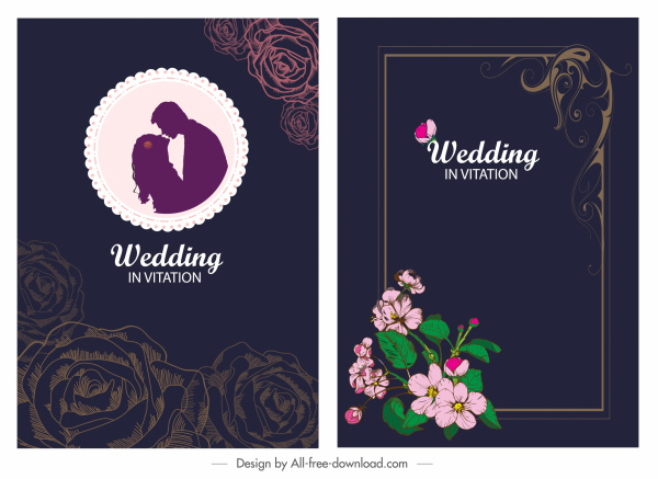 婚礼卡模板深色优雅的设计花卉装饰