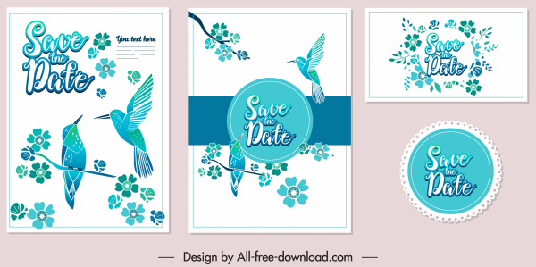 حفل زفاف قالب بطاقة طيور زرقاء أنيقة ديكور الأزهار