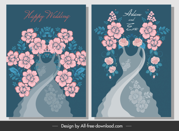 Hochzeit Karte Vorlage elegante Braut Kleid Blumendekor