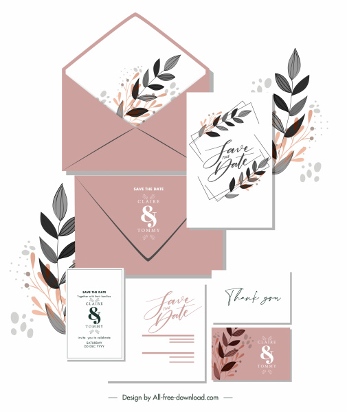 plantilla de tarjeta de boda elegante clásico dibujado a mano hojas decoración