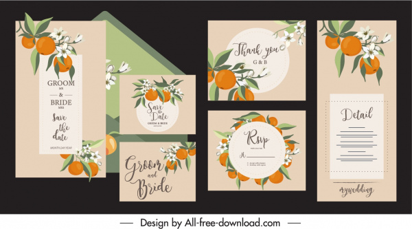 modelo de cartão de casamento elegante decoração clássica de frutas laranja
