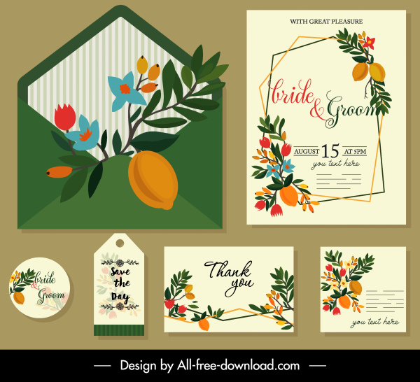 decoração de casamento cartão modelo elegante folhas coloridas frutas
