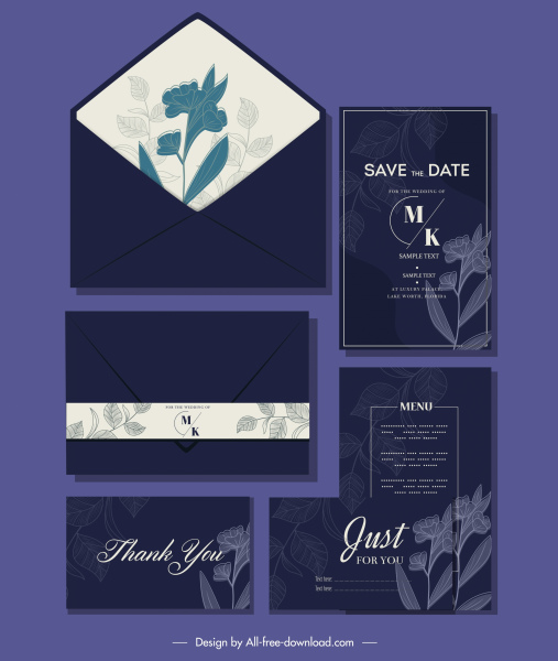 düğün kartı şablonu zarif koyu tasarım botanik dekor