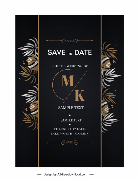 template kartu pernikahan dekorasi daun gelap yang elegan