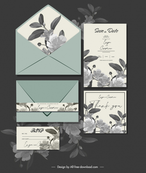 düğün kartı şablonu zarif flora dekor koyu klasik