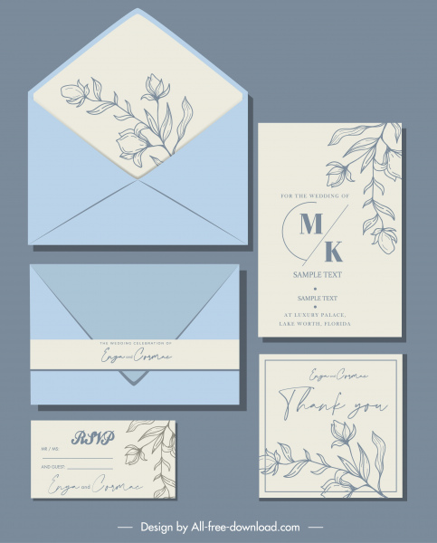 düğün kartı şablonu zarif handdrawn botanik klasik tasarım