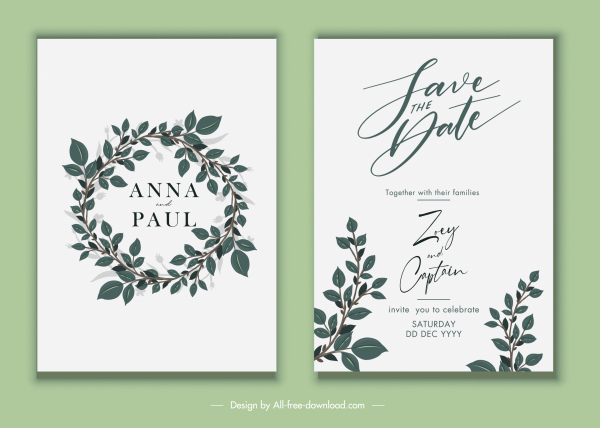template kartu pernikahan dekorasi karangan bunga daun elegan