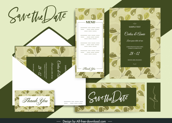 plantilla de tarjeta de boda elegante retro verde hojas decoración