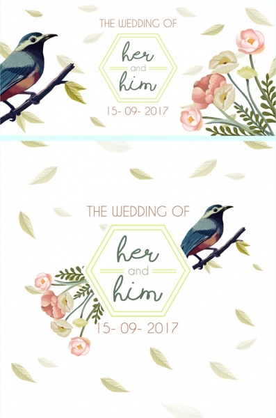 cartão modelo flores pardal ícones multicoloridos decoração de casamento