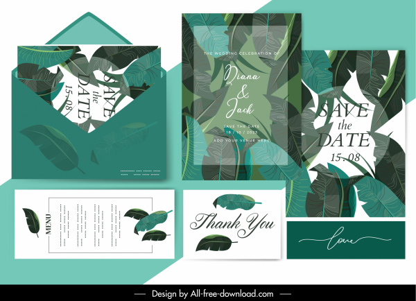 デザインをぼやけている結婚式のカード テンプレート グリーン リーフ装飾