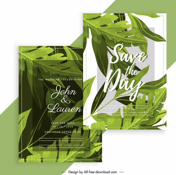 cartão de casamento modelo verde folhas decoração