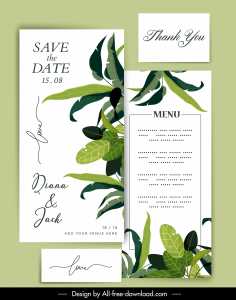 Hochzeit Karte Vorlage grün weiß elegante Blätter Dekor