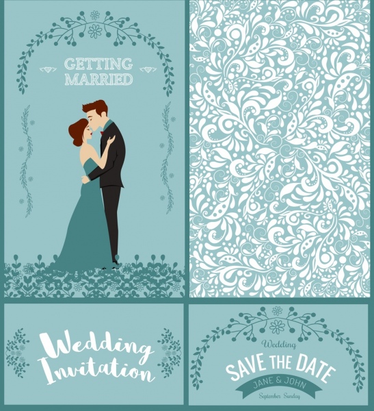 Plantilla de tarjeta de boda novio novia iconos de diseño clásico