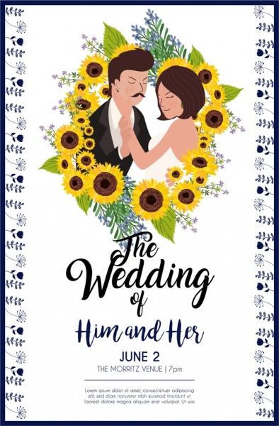 cartão modelo noivo noiva girassóis ícones decoração de casamento