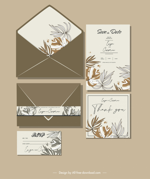 template kartu pernikahan meninggalkan sketsa handdrawn klasik