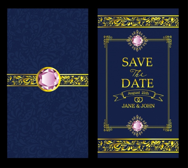Plantilla de tarjeta de boda decoracion de lujo gemas fondo azul