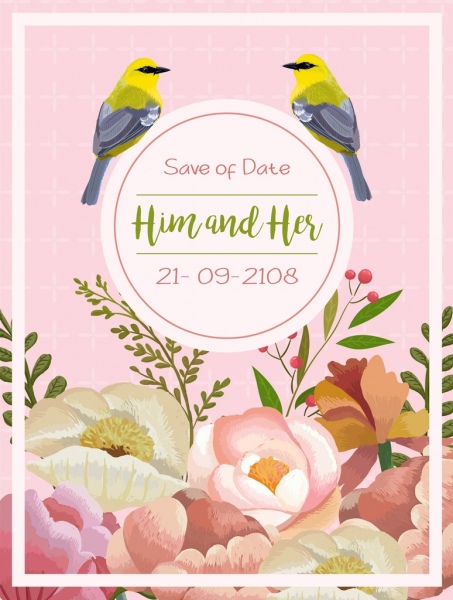 Plantilla de tarjeta de boda decoracion de flores multicolores aves iconos