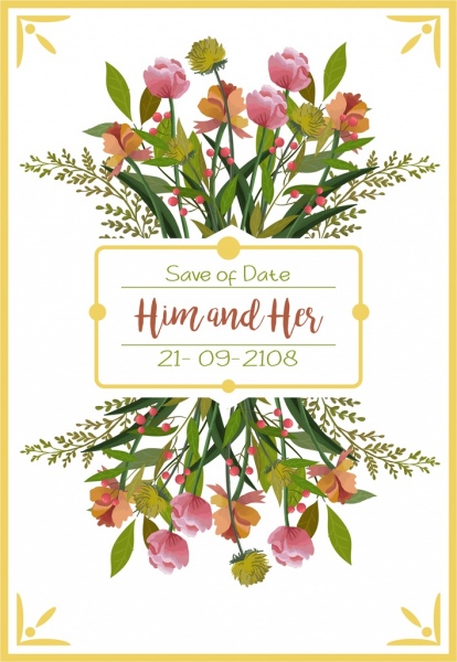 Wedding Card Template Multicolored Flowers Decor Reflection Design
