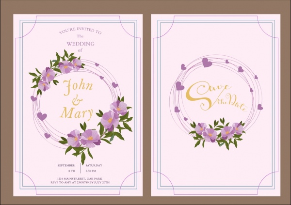 dekoracje serca fioletowe kwiaty ślubne karty szablon