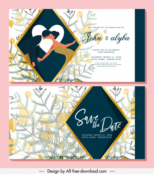 cartão de casamento modelo romântico casal elegante flores decoração