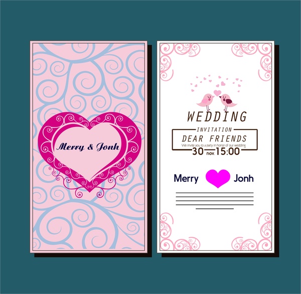 Wedding Card Template With Hearts Birds Curved Pattern