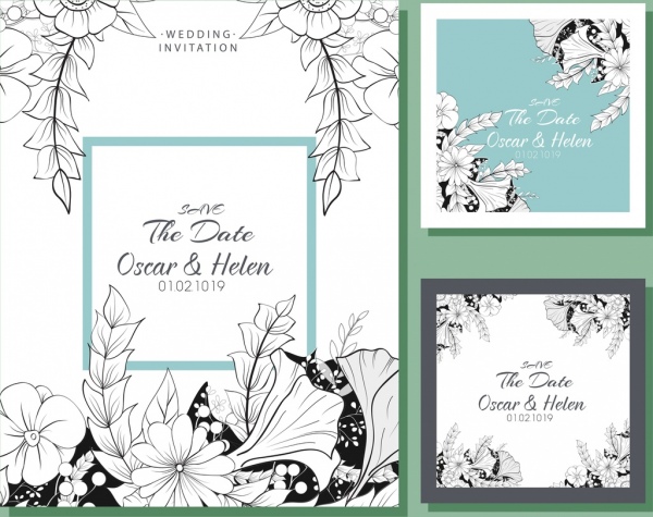 pernikahan kartu template desain klasik bunga sketsa