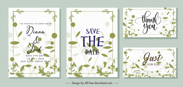 Szablony ślubne karty klasyczne zielone liście szkic