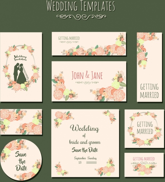 ícones da casal do casamento de flores coloridas modelos de cartão de casamento
