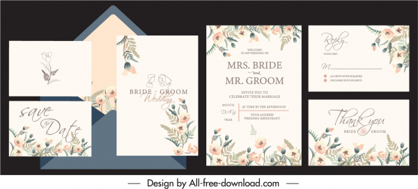 düğün kartı şablonları zarif klasik çiçekler dekor