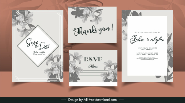 Hochzeitskarte Vorlagen elegante klassische graue Blütenblätter Dekor