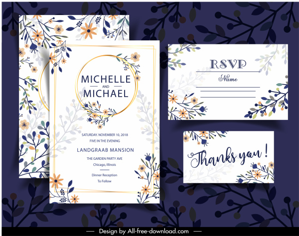 plantillas de tarjeta de boda elegante clásico colorido flor plano
