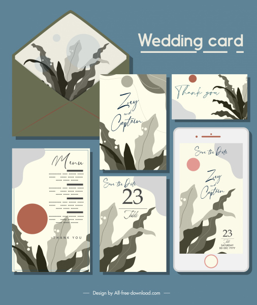 düğün kartı şablonları zarif klasik yaprak dekor