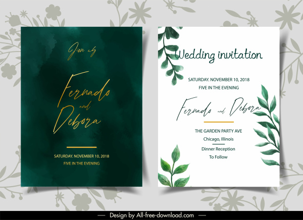 plantillas de tarjeta de boda elegante diseño de contraste hoja decoración