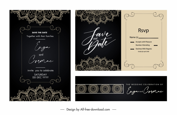 Hochzeitskartenvorlagen elegante dunkle klassische Spitzenelemente