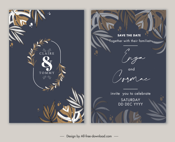 templat kartu pernikahan desain gelap yang elegan daun klasik