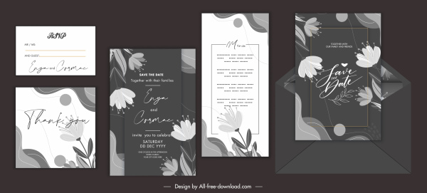 modelos de cartão de casamento elegante decoração floral escura