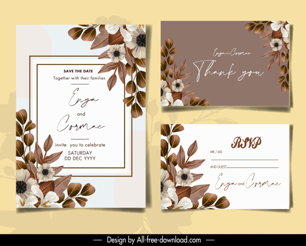 templat kartu pernikahan dekorasi daun bunga yang elegan