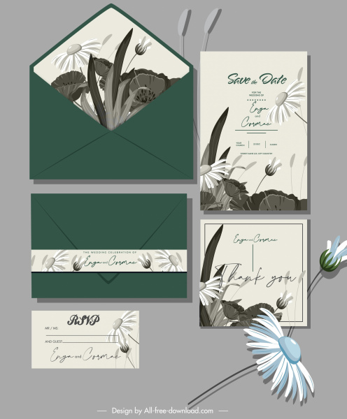 plantillas de tarjeta de boda elegante dibujado a mano decoración floral clásica