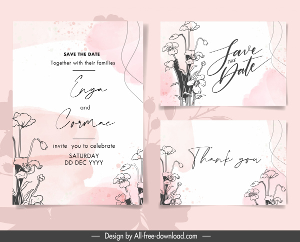 templat kartu pernikahan dekorasi floras handdrawn yang elegan