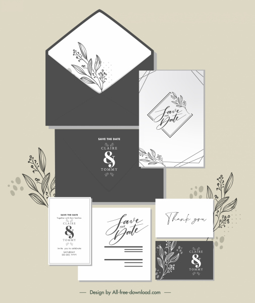 düğün kartı şablonları handdrawn klasik çiçek dekor