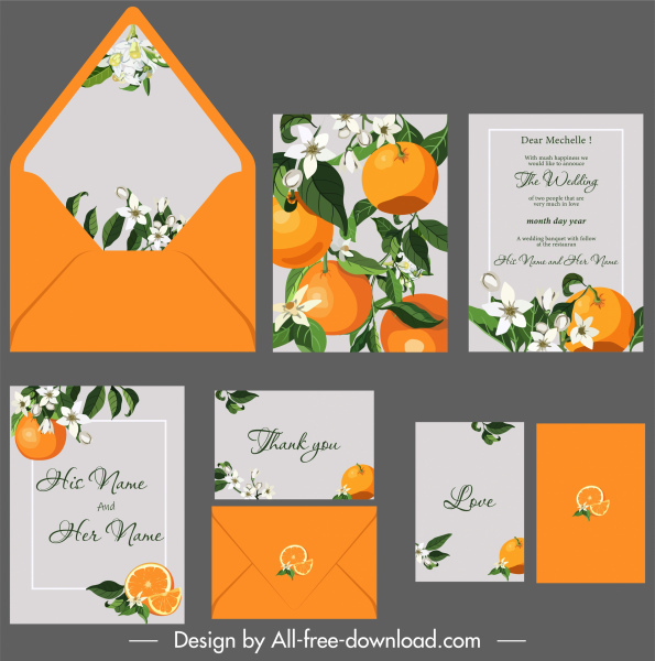 結婚式のカードテンプレートオレンジの葉花の装飾