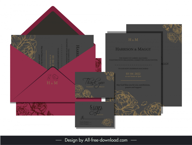 modelo de cartões de casamento elegante decoração floral escura