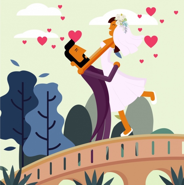 婚禮的浪漫幸福的夫婦繪製彩色卡通設計
