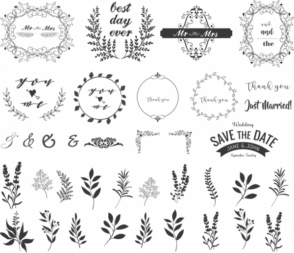 pernikahan bingkai elemen desain klasik melengkung daun ikon