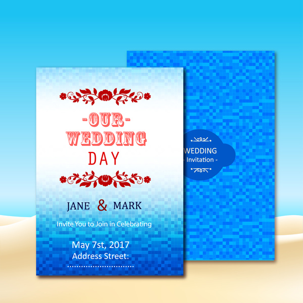背景のボケ味の青と結婚式の招待カードのデザイン