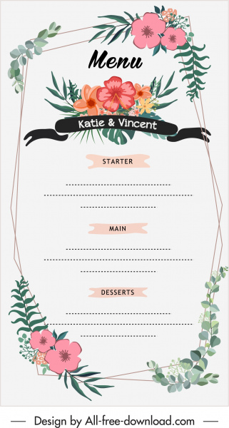 modèle de menu de mariage coloré décor botanique classique