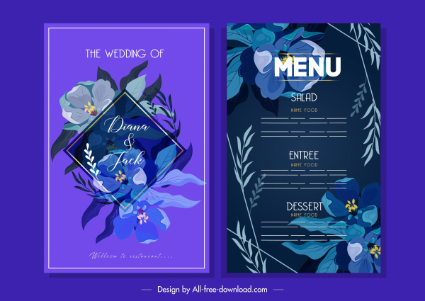modello di menu di nozze elegante classico floreale viola scuro